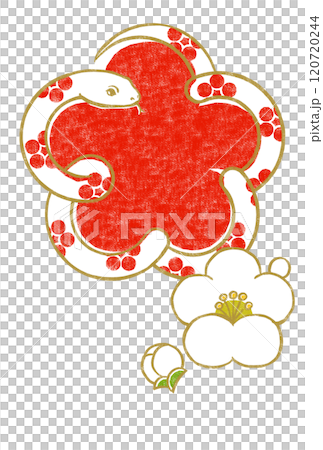 梅鉢文様の金色の輪郭線の白いヘビで囲った紅色の梅の花の形に小振りな白梅と蕾 版画風 梅鉢文様の金色の輪郭線の白いヘビで囲った紅色の梅の花の形に小振りな白梅と蕾 版画風 120720244