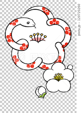 A white plum blossom with a red plum blossom motif and a white snake motif, with small white plum blossoms and buds, woodblock style 120720260