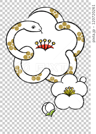 金色の梅鉢文様の白いヘビで象った白梅に小振りな白梅と蕾 版画風 金色の梅鉢文様の白いヘビで象った白梅に小振りな白梅と蕾 版画風 120720261