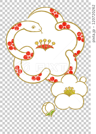 A white plum blossom with a gold outline of a white snake in the plum blossom motif, with small white plum blossoms and buds, woodblock style 120720262