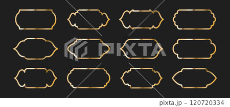 Set of Shape Islamic Windows. Golden Muslim frames isolated on dark background. Collection of arches in oriental style. Flat Vector illustration 120720334