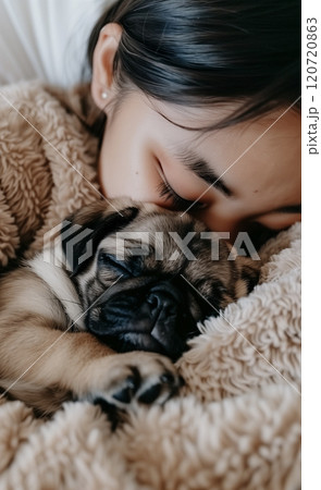 一緒に眠るパグの子犬と日本人少女 120720863