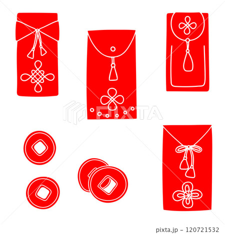 Chinese red envelopes, red packets, hongbao, ang pau. Simple icon set, solid color, isolated. Chinese red envelopes, red packets, hongbao, ang pau. Simple icon set, solid color, isolated. 120721532