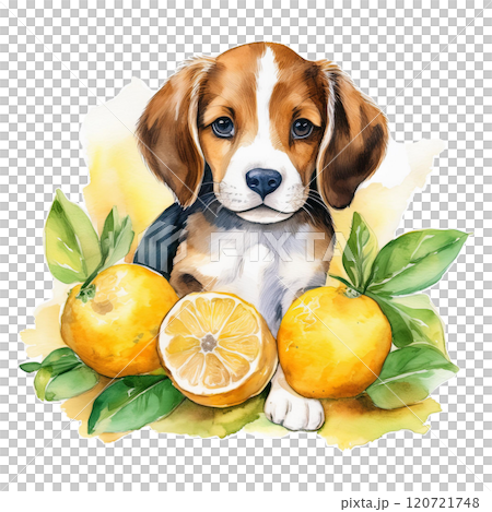 Watercolor illustration of a yuzu fruit and a beagle 1 / Material for flyers and posters 120721748