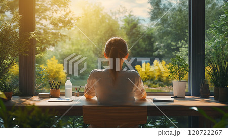 自然に囲まれたデスクに座っている女性 120722267
