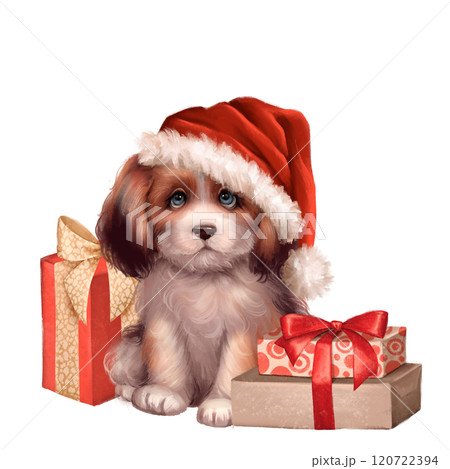 Cute fluffy white dog and gift boxes. Hand drawn Christmas illustration 120722394