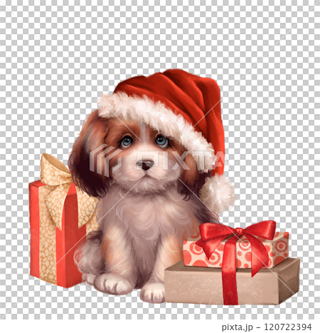 Cute fluffy white dog and gift boxes. Hand drawn Christmas illustration 120722394