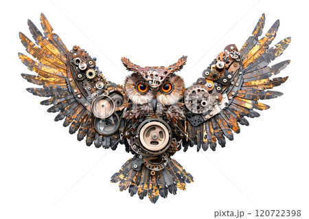 An owl sculpture made from recycled scrap metal head made of gears, iron, metal, nuts, and bolts. isolated on white background. Unique, intricate design perfect for art lovers and collectors. Bird. 120722398