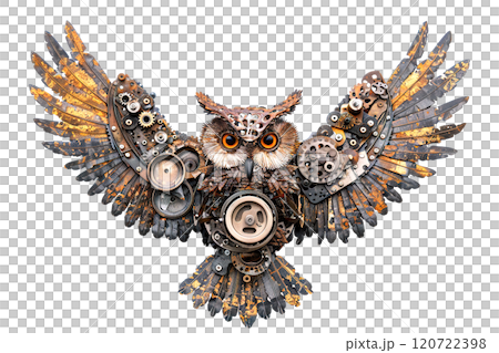 An owl sculpture made from recycled scrap metal head made of gears, iron, metal, nuts, and bolts. isolated on white background. Unique, intricate design perfect for art lovers and collectors. Bird. 120722398