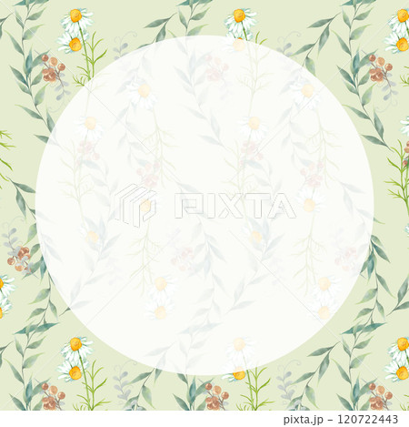 水彩の花や葉の背景に円形フレーム 120722443