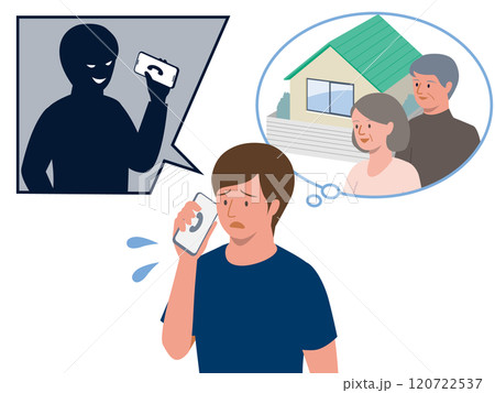 闇バイトに応募して指示役から実家と家族について脅される若い男性のベクターイラスト 120722537