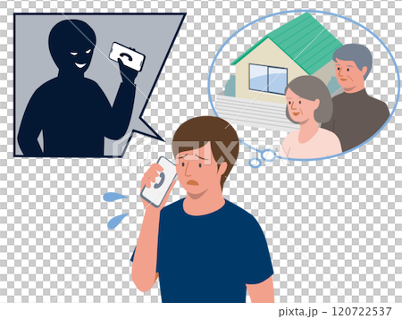 闇バイトに応募して指示役から実家と家族について脅される若い男性のベクターイラスト 120722537