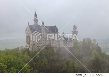 Famous Neuschwanstein Castle in fog. Bavarian Alps, Germany 120722602