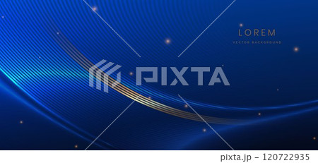 Abstract glowing neon blue and gold wave light lines on dark blue background. Luxury concept design. Abstract glowing neon blue and gold wave light lines on dark blue background. Luxury concept design. 120722935
