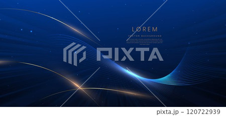 Abstract elegant dark blue background with golden curved lines and lighting effect sparkle. 120722939