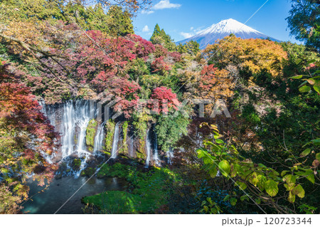「静岡県」展望台から望む紅葉した白糸の滝と富士山 「静岡県」展望台から望む紅葉した白糸の滝と富士山 120723344