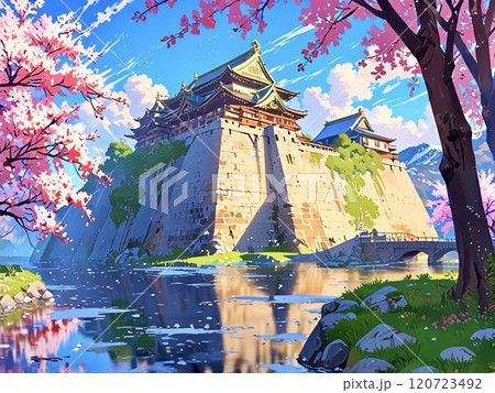 夕日が当たる春の日本の城 120723492