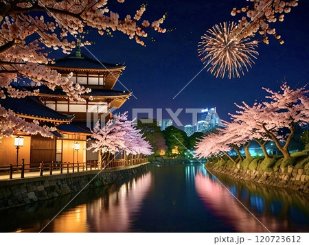 満開の桜と川沿いの日本建築-2 120723612