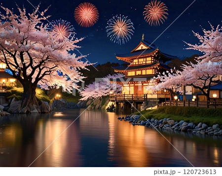 満開の桜と川沿いの日本建築-3 120723613