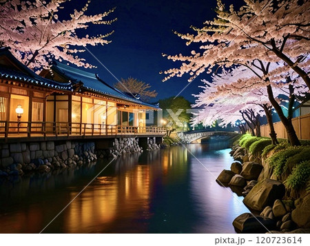 満開の桜と川沿いの日本建築-4 満開の桜と川沿いの日本建築-4 120723614