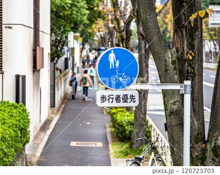 歩道に設置された規制標識 325-3「普通自転車等及び歩行者等専用」と補助標識 120723703
