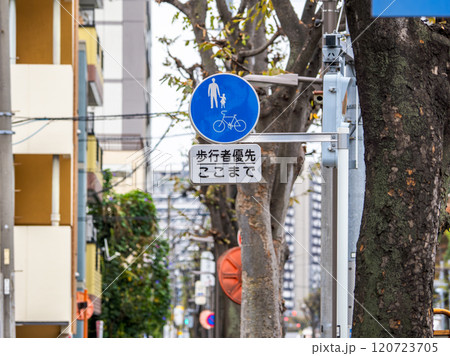 歩道に設置された規制標識 325-3「普通自転車等及び歩行者等専用」と補助標識 120723705