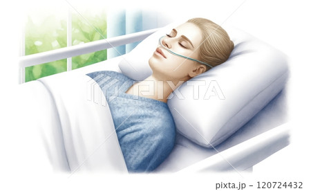 A serene depiction of a woman sleeping peacefully with a nasal cannula. 120724432