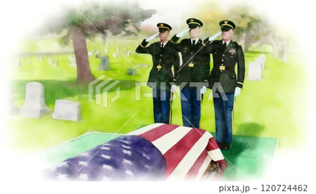 A solemn military funeral with officers saluting a draped coffin. 120724462