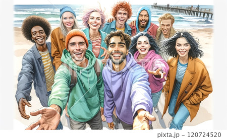 The image captures a group of young, diverse friends enjoying a moment together on a beach. 120724520