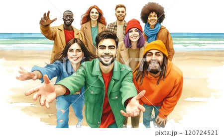 The image captures a group of young, diverse friends enjoying a moment together on a beach. 120724521