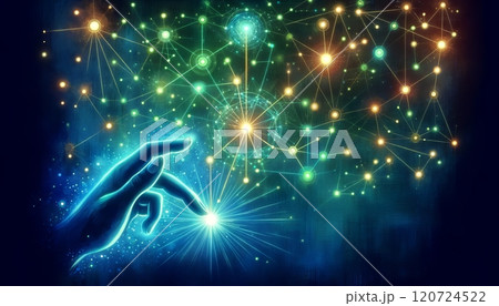 An abstract digital art of a hand interacting with a vibrant network of nodes and lights. 120724522