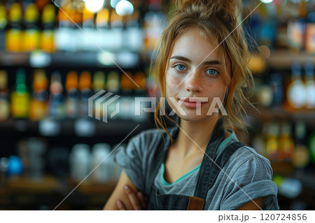 A Caucasian female employee in an apron manning the liquor shelves in a department store is looking confidently at the camera. 120724856