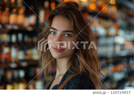 A Caucasian female employee in an apron manning the liquor shelves in a department store is looking confidently at the camera. 120724857