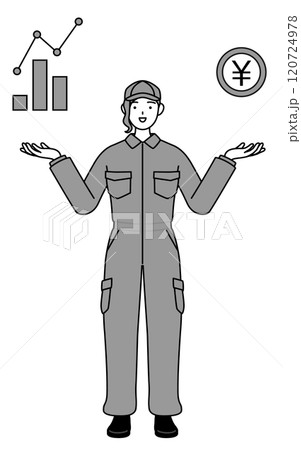 DXのイメージ、業績と売上の向上を案内するつなぎ姿の女性整備士 120724978