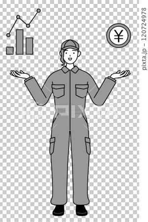 DXのイメージ、業績と売上の向上を案内するつなぎ姿の女性整備士 120724978