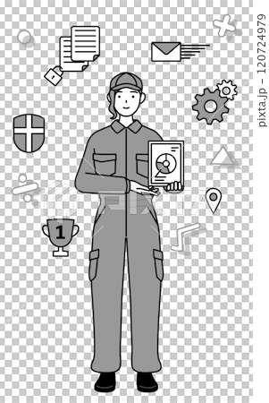 DXのイメージ、デジタル技術を利用して業務改善を行うつなぎ姿の女性整備士 120724979