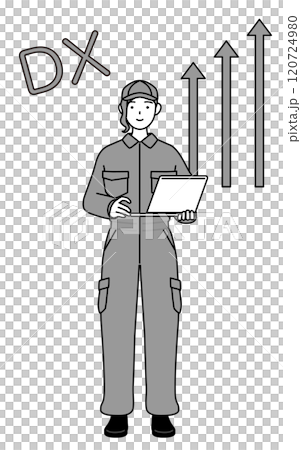 DXのイメージ、業務改善に成功したつなぎ姿の女性整備士 120724980