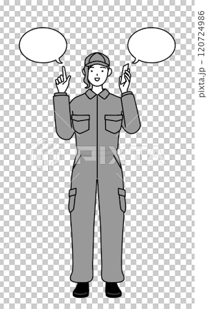 電話をしながら指さしをするつなぎ姿の女性整備士 電話をしながら指さしをするつなぎ姿の女性整備士 120724986