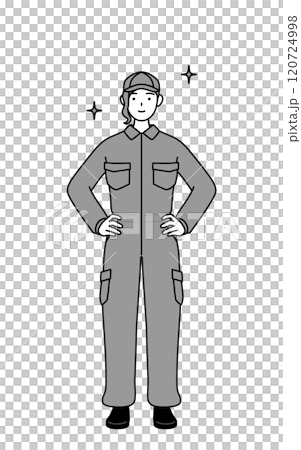 A female mechanic in overalls with her hands on her hips 120724998