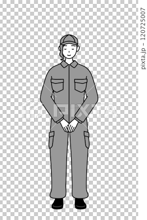 A female mechanic in overalls with her hands folded in front of her 120725007