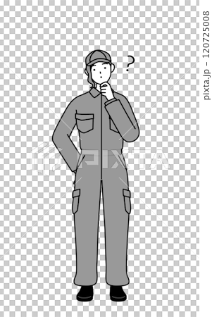 A female mechanic in overalls tilts her head in doubt 120725008