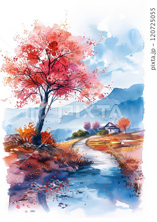 Watercolor painting of a house in the forest in autumn. 120725055