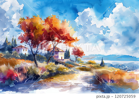 Watercolor painting of a house in the forest in autumn. 120725059