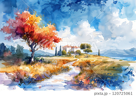 Watercolor painting of a house in the forest in autumn. 120725061