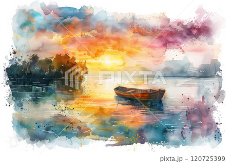 Watercolor painting of a rowboat in the canal. 120725399