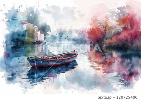 Watercolor painting of a rowboat in the canal. 120725400