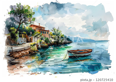 Watercolor painting of a rowboat in the canal. 120725410