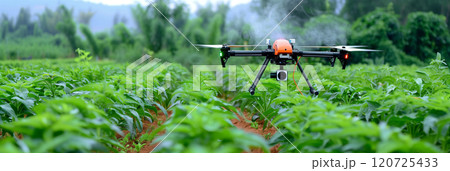 Closeup of injection drone Flying among the vegetable gardens. 120725433