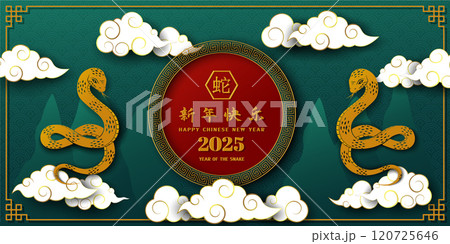 Happy Chinese new year 2025,Zodiac sign for the year of snake on asian background,Chinese translate mean Happy new year 2025,year of the snake 120725646