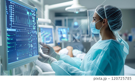 A doctor interacts with a holographic display of patient data. The concept of advanced medical technology, precision healthcare, and innovative diagnostics. Generative AI. 120725785